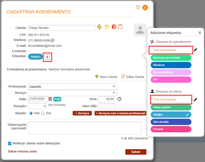 Aplicar etiquetas em agendamentos e cliente e cadastrar etiquetas